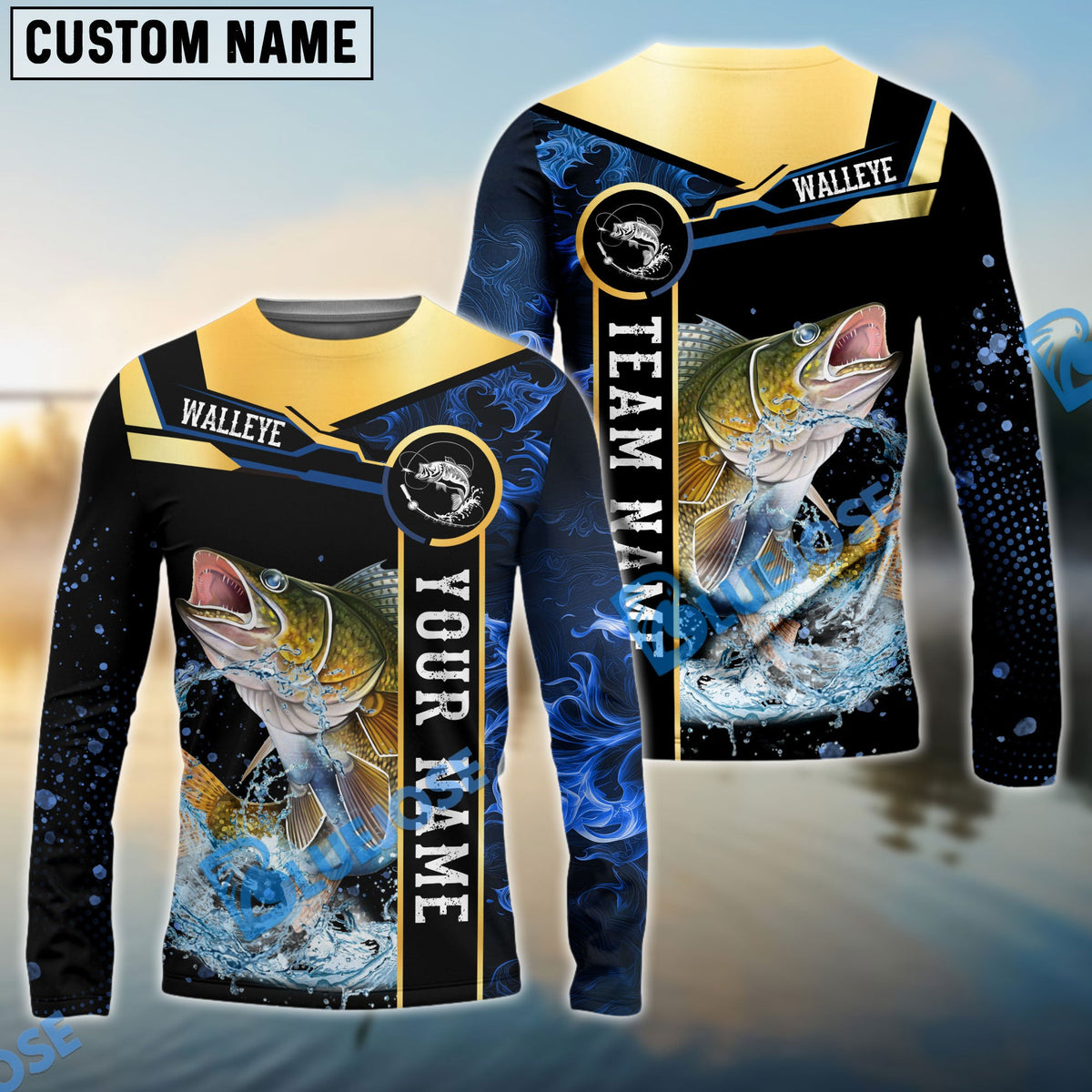 BlueJose Walleye Fishing Golden With Blue Flame Pattern Custom Name & Team Name 3D Shirts