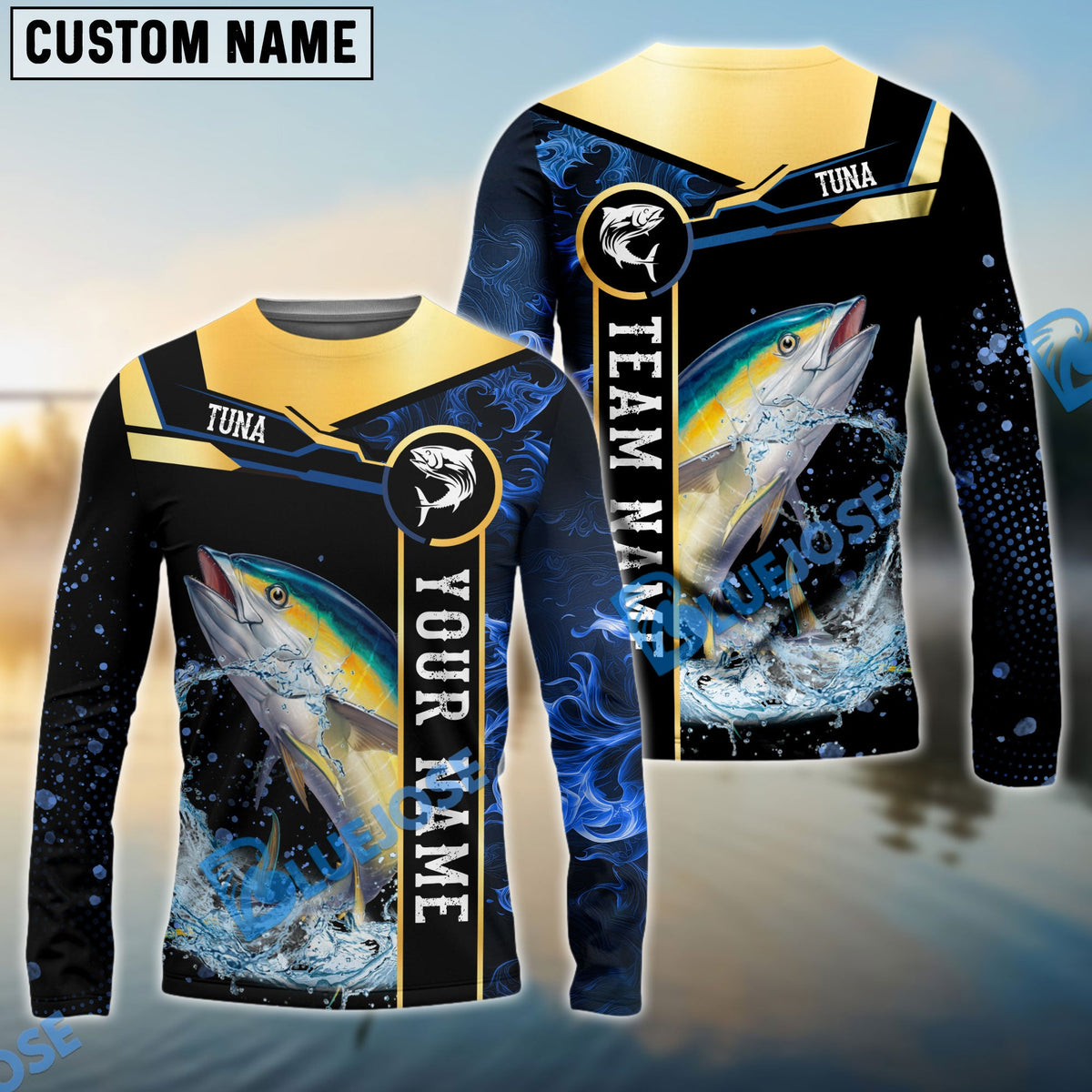 BlueJose Tuna Fishing Golden With Blue Flame Pattern Custom Name & Team Name 3D Shirts