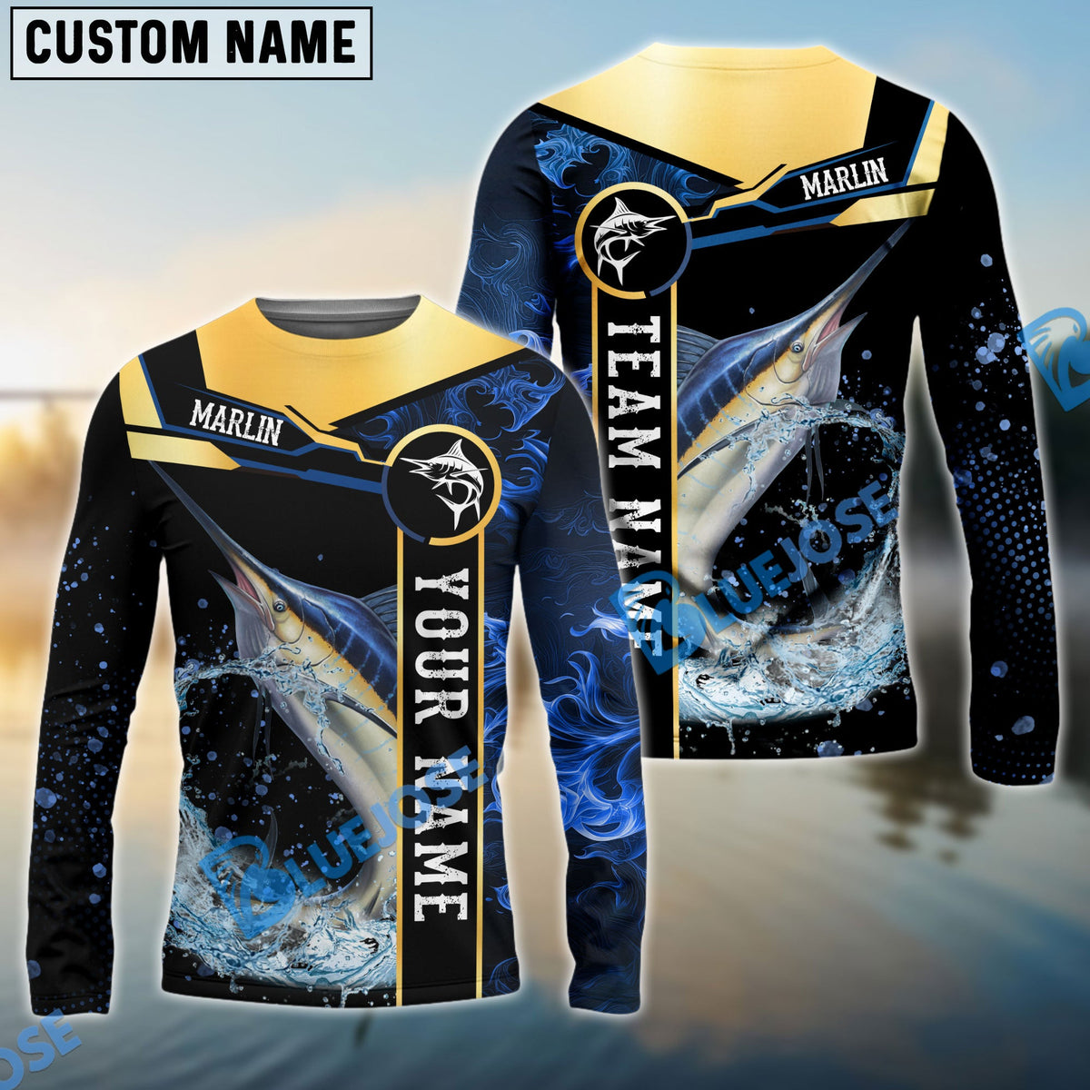 BlueJose Marlin Fishing Golden With Blue Flame Pattern Custom Name & Team Name 3D Shirts