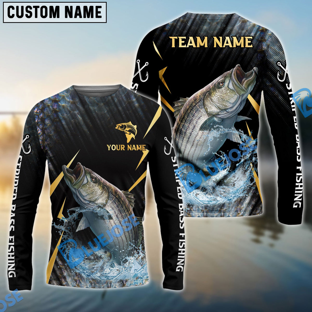 BlueJose Striped Bass Fishing Golden With Skinfish Pattern Custom Name & Team Name 3D Shirts