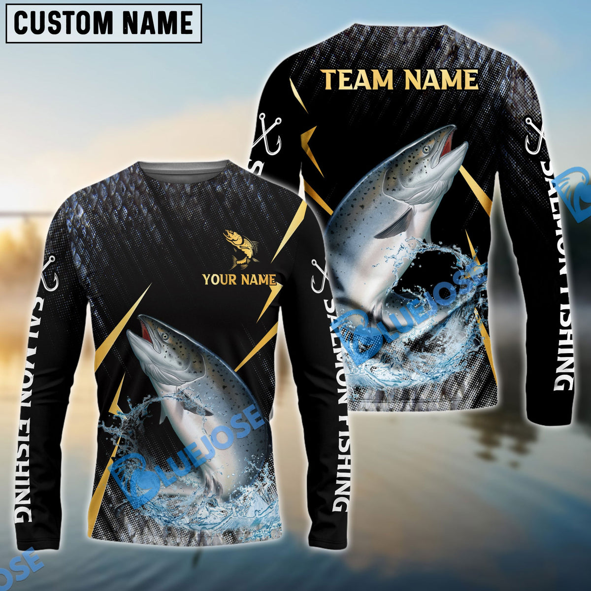 BlueJose Salmon Fishing Golden With Skinfish Pattern Custom Name & Team Name 3D Shirts