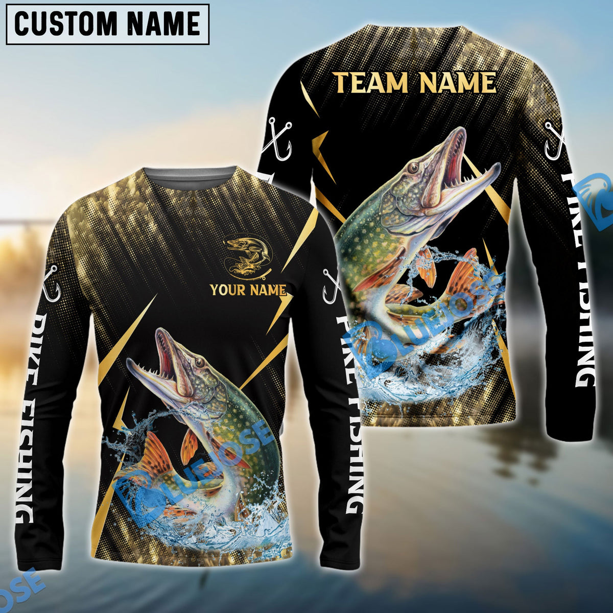 BlueJose Pike Fishing Golden With Skinfish Pattern Custom Name & Team Name 3D Shirts