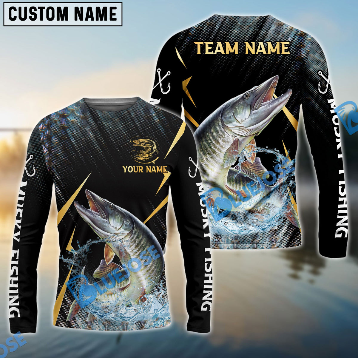 BlueJose Musky Fishing Golden With Skinfish Pattern Custom Name & Team Name 3D Shirts
