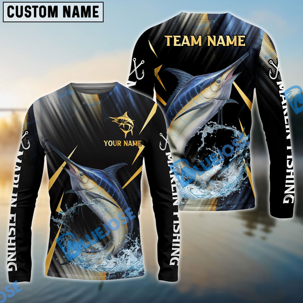 BlueJose Marlin Fishing Golden With Skinfish Pattern Custom Name & Team Name 3D Shirts