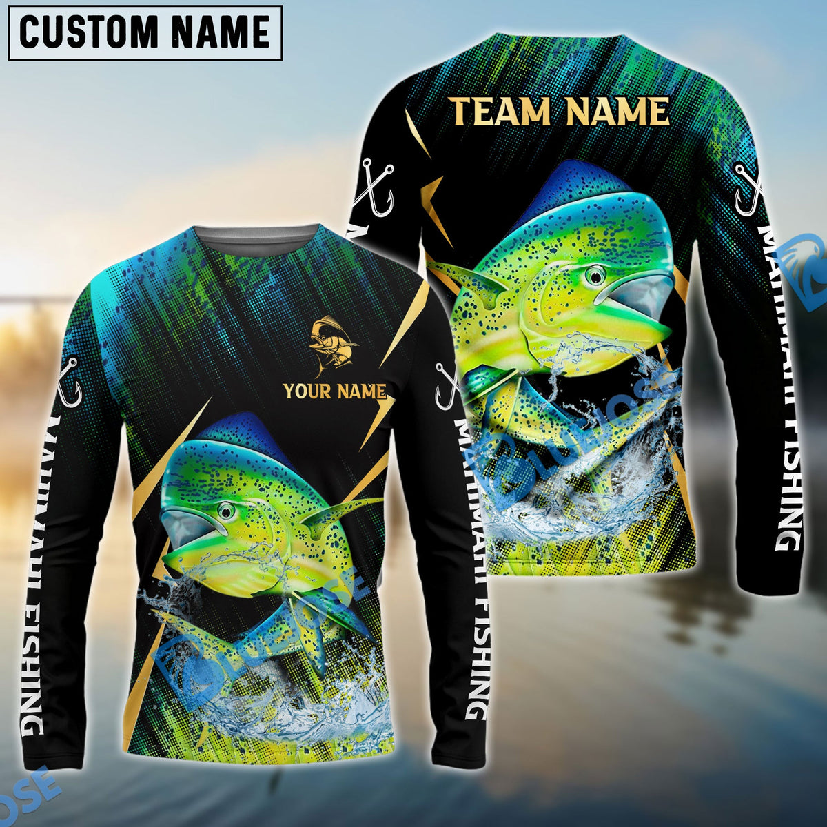BlueJose Mahimahi Fishing Golden With Skinfish Pattern Custom Name & Team Name 3D Shirts