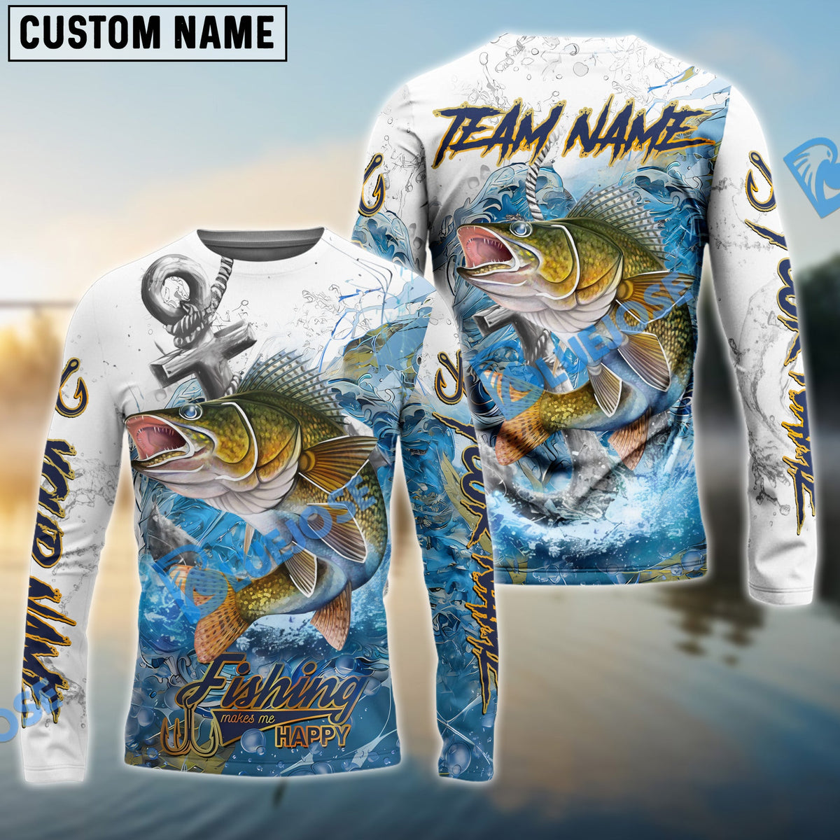 BlueJose Walleye Fishing Anchor Ocean Splash Design Name & Team Name 3D Shirts