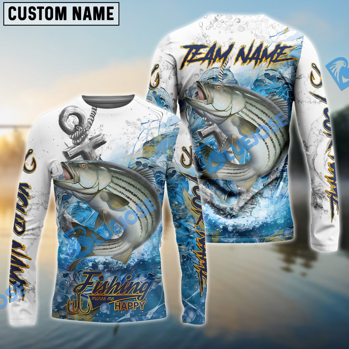 BlueJose Striped Bass Fishing Anchor Ocean Splash Design Name & Team Name 3D Shirts