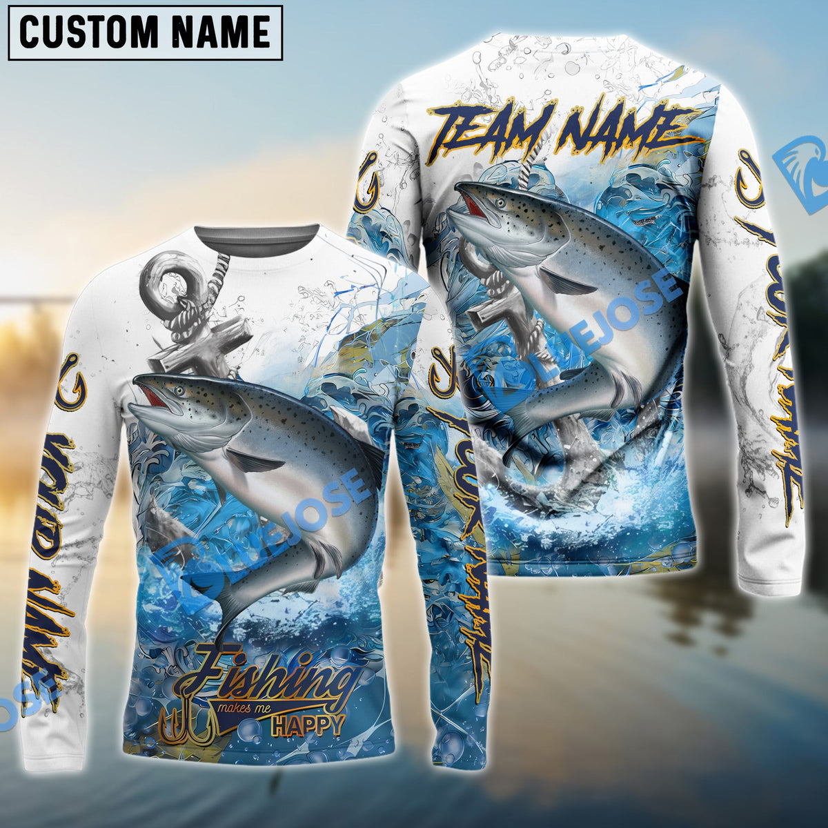 BlueJose Salmon Fishing Anchor Ocean Splash Design Name & Team Name 3D Shirts