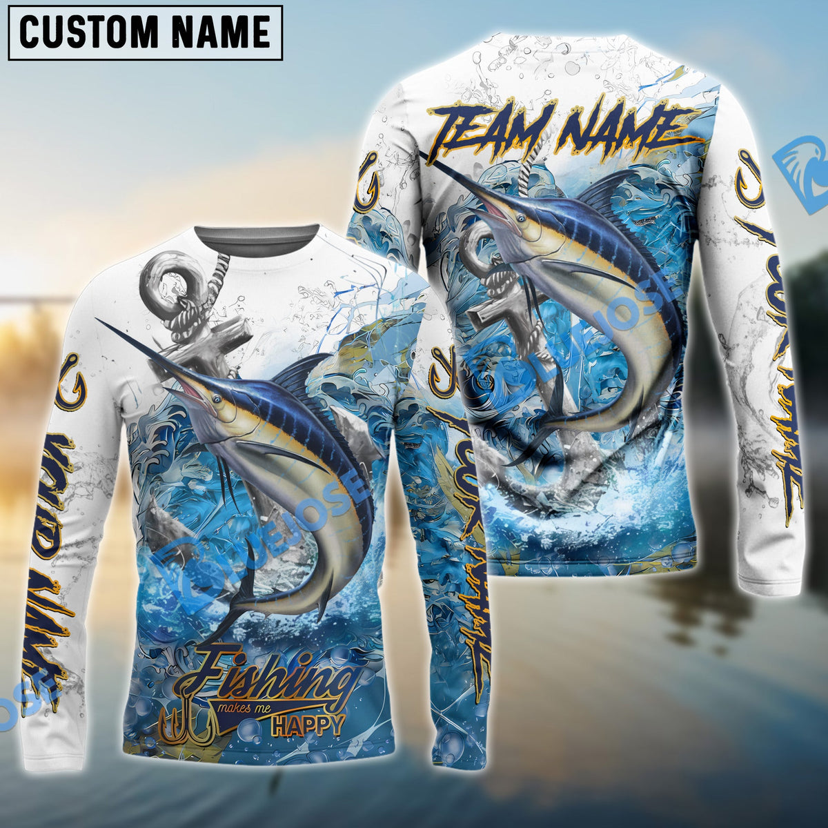 BlueJose Marlin Fishing Anchor Ocean Splash Design Name & Team Name 3D Shirts