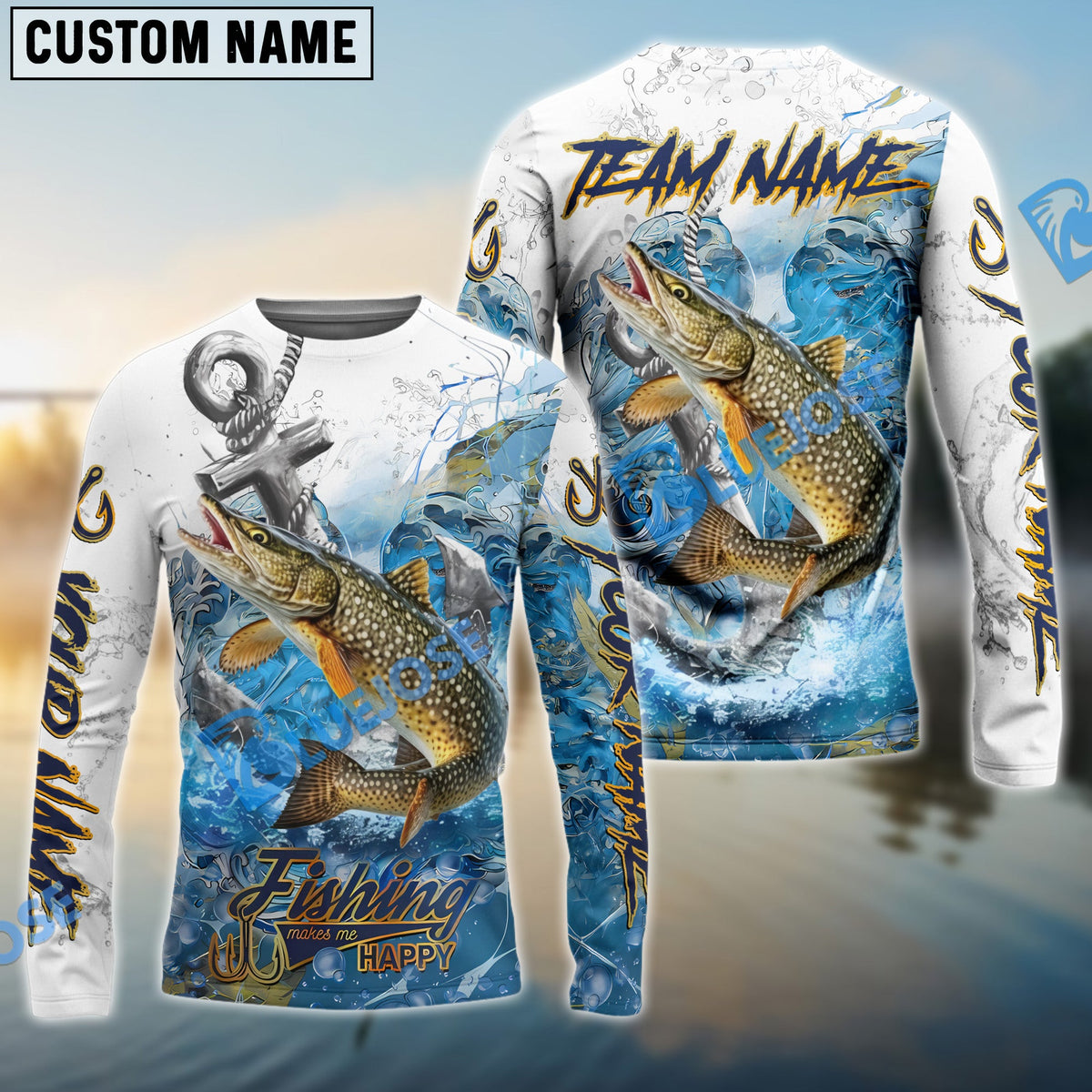 BlueJose Pike Fishing Anchor Ocean Splash Design Name & Team Name 3D Shirts