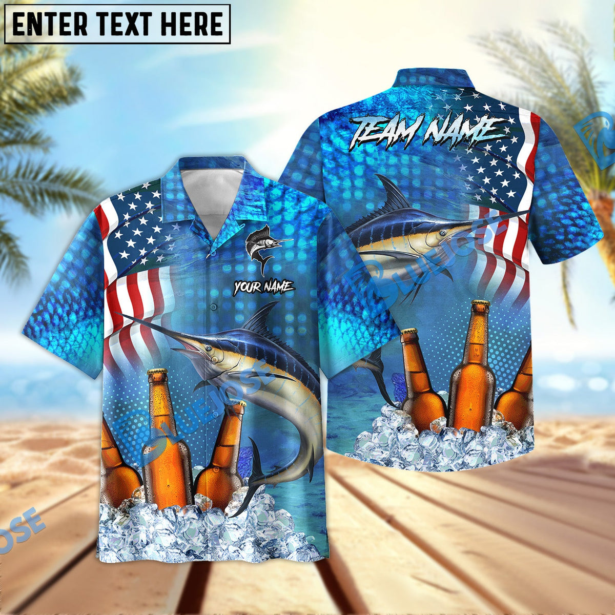 BlueJose Marlin Fishing Beer USA Flag Personalized All Over Print 3D Hawaiian Shirt