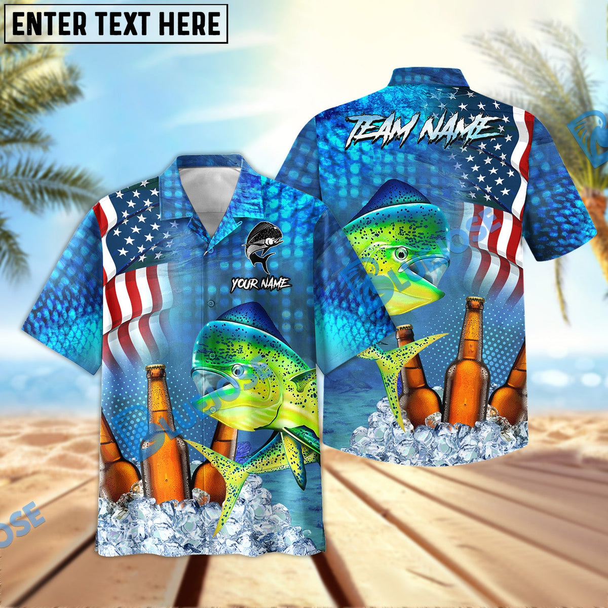BlueJose Mahi mahi Fishing Beer USA Flag Personalized All Over Print 3D Hawaiian Shirt