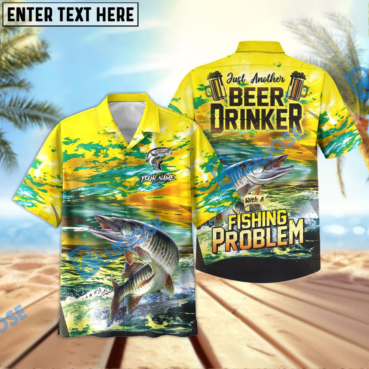 BlueJose Musky Fishing Beer Drinker Yellow Sky Personalized All Over Print 3D Hawaiian Shirt