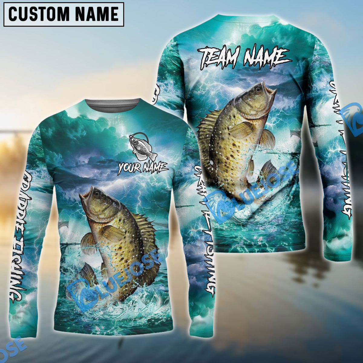 BlueJose Crappie Fishing Teal Thunderstorm Name & Team Name 3D Shirts