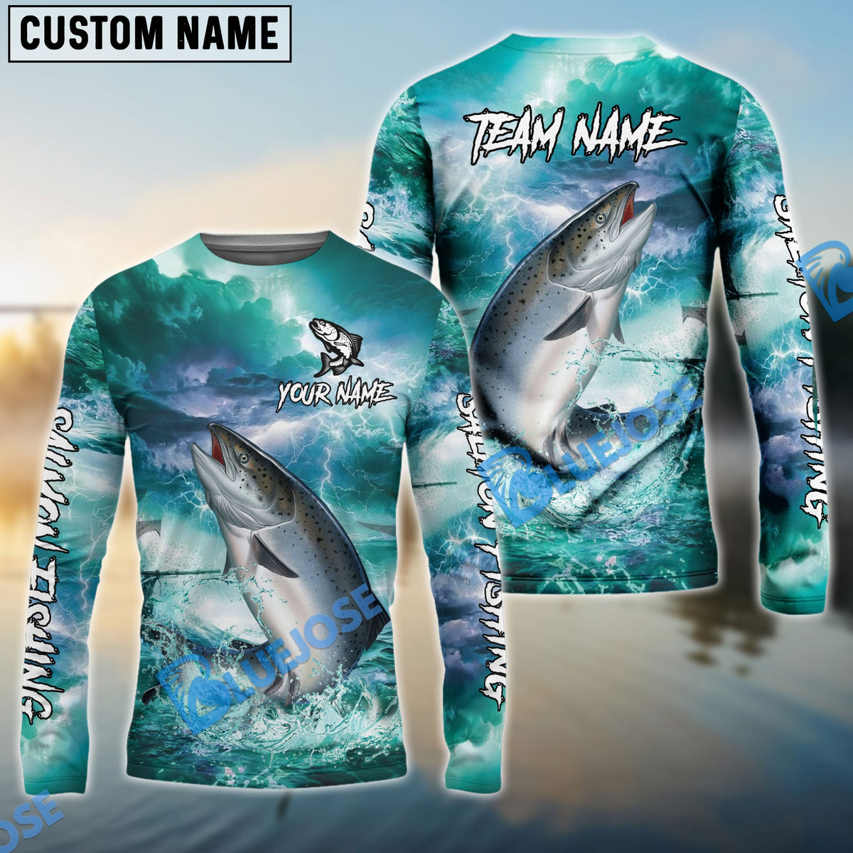 BlueJose Salmon Fishing Teal Thunderstorm Name & Team Name 3D Shirts
