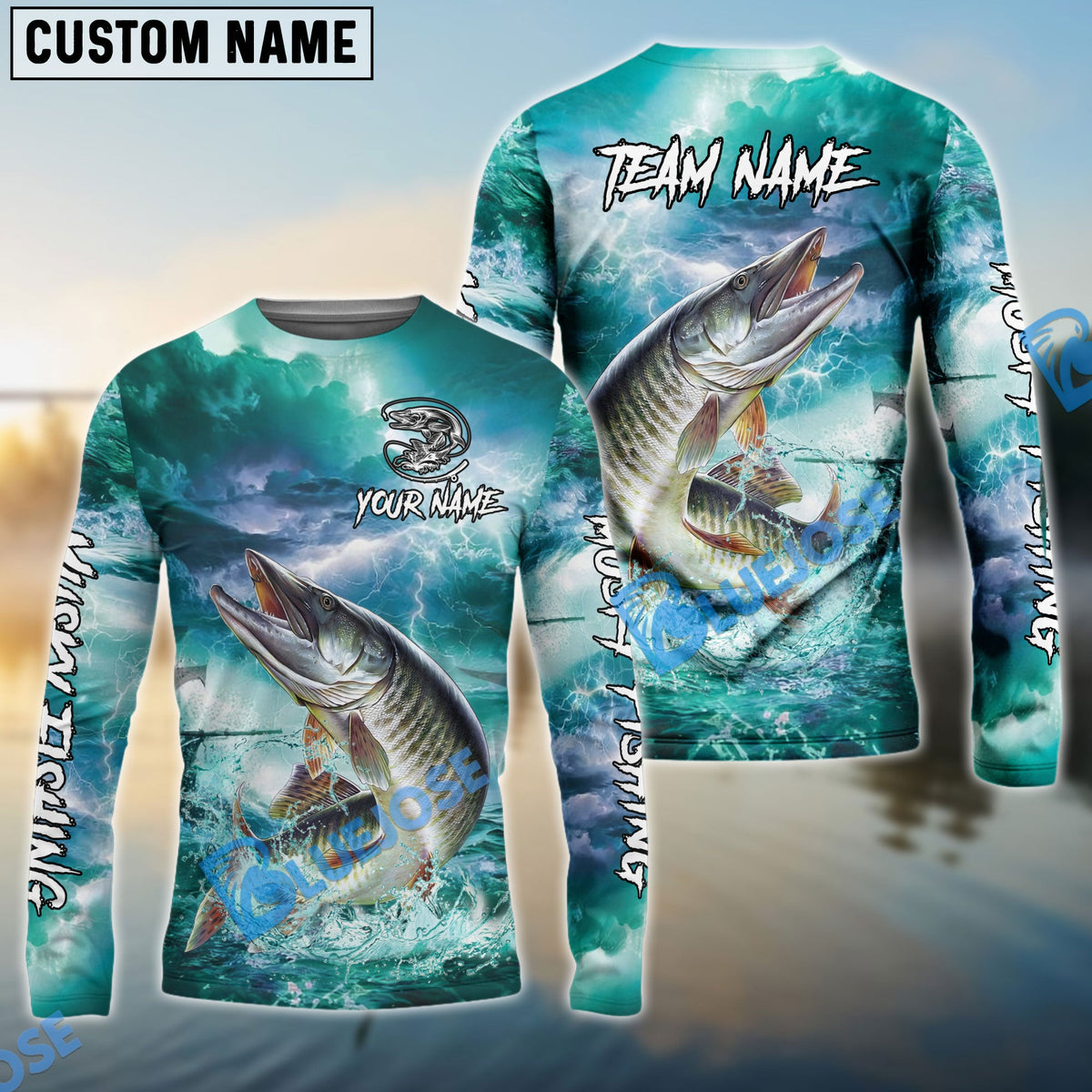 BlueJose Musky Fishing Teal Thunderstorm Name & Team Name 3D Shirts