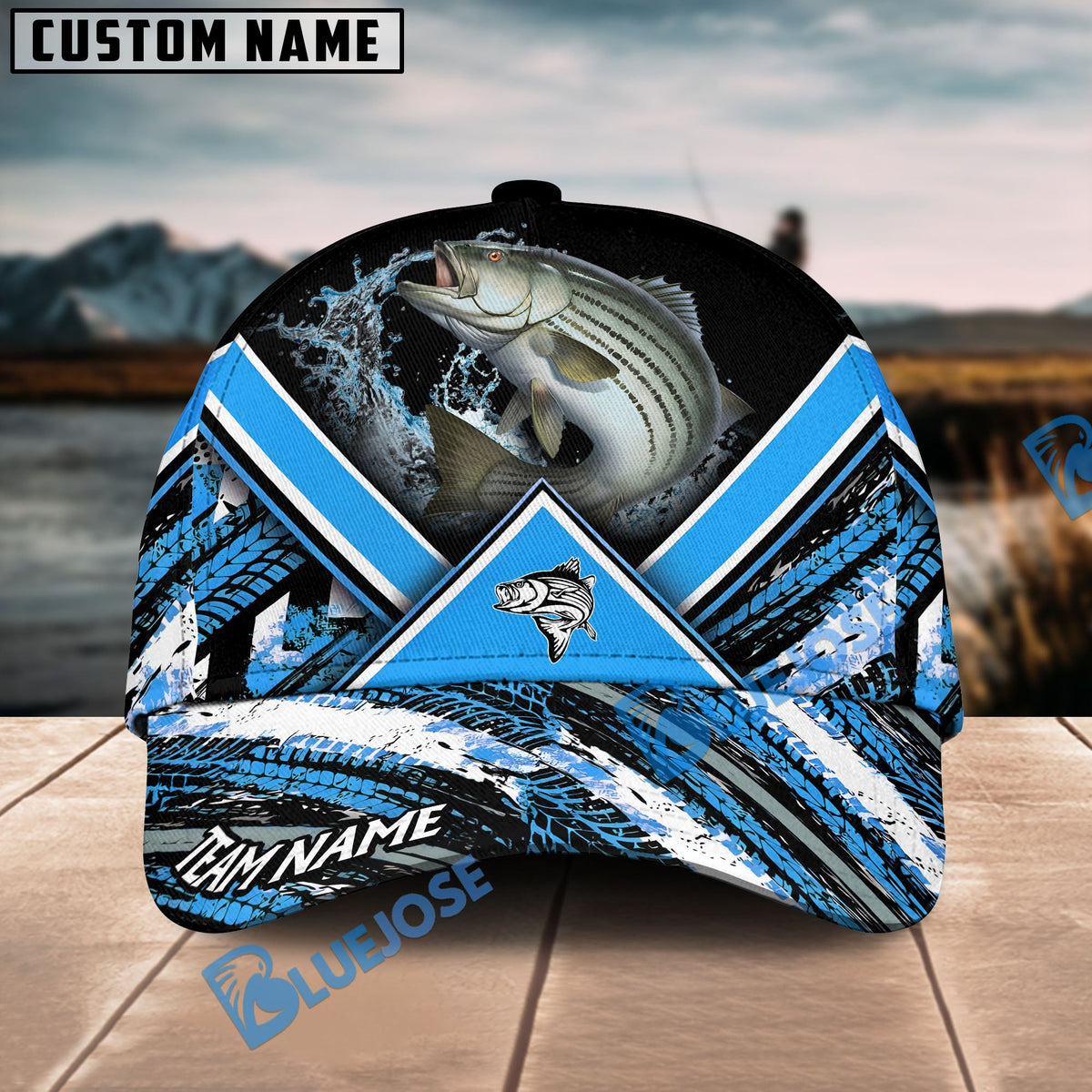 BlueJose Striped Bass Fishing Blue Tire Triangle Pattern Personalized Cap