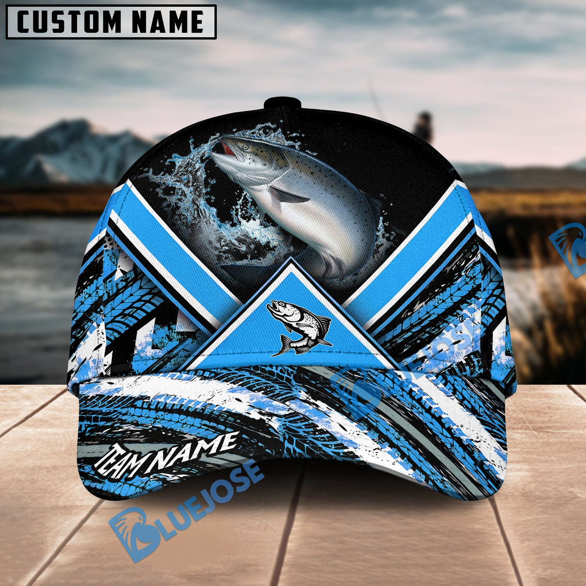 BlueJose Salmon Fishing Blue Tire Triangle Pattern Personalized Cap