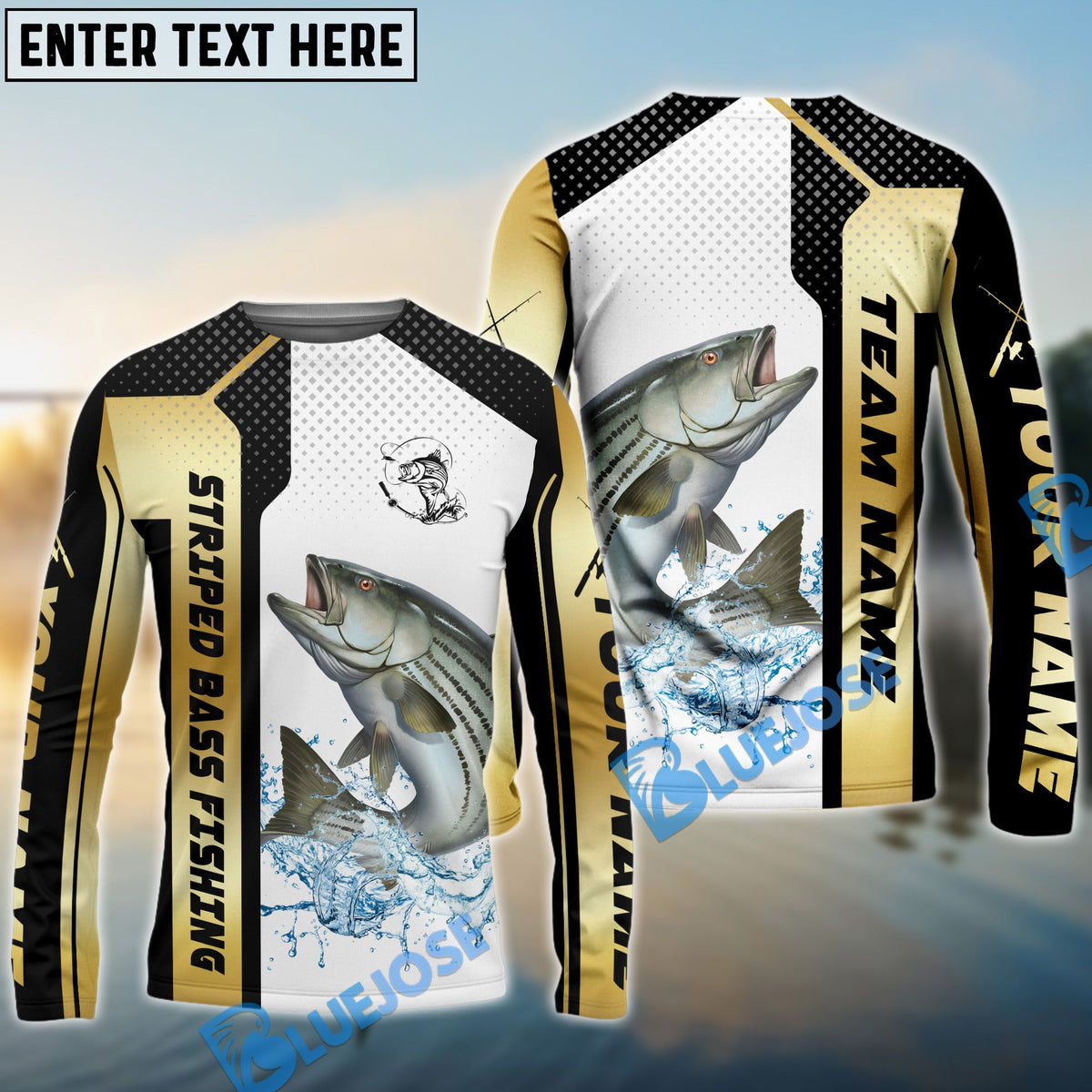 BlueJose Striped Bass Fishing Golden Premium Dynamic Strike Custom Name & Team Name 3D Shirts
