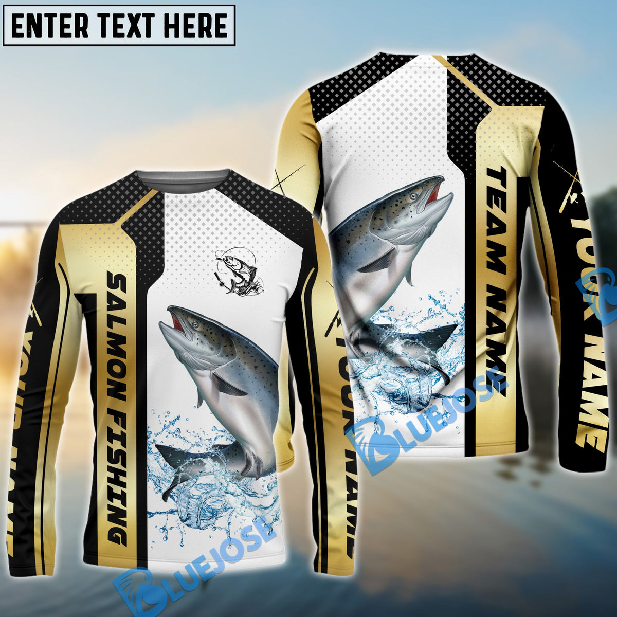BlueJose Salmon Fishing Golden Premium Dynamic Strike Custom Name & Team Name 3D Shirts