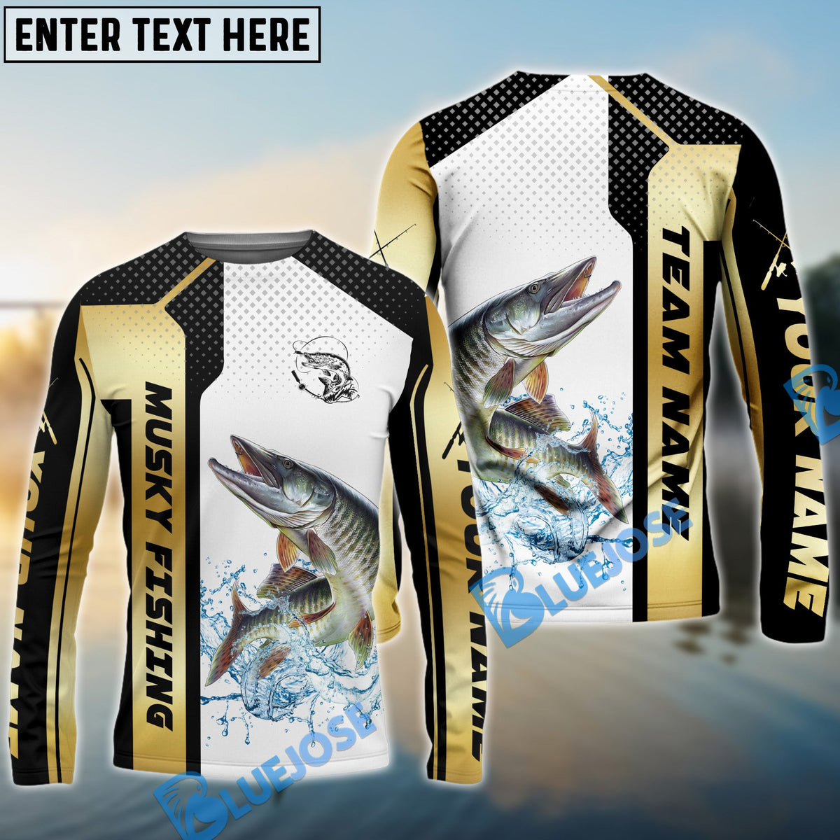 BlueJose Musky Fishing Golden Premium Dynamic Strike Custom Name & Team Name 3D Shirts