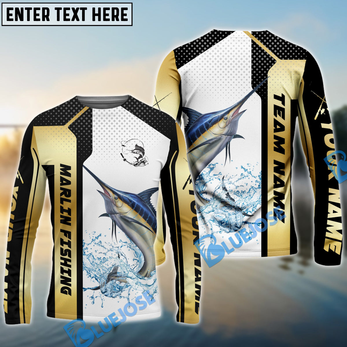 BlueJose Marlin Fishing Golden Premium Dynamic Strike Custom Name & Team Name 3D Shirts