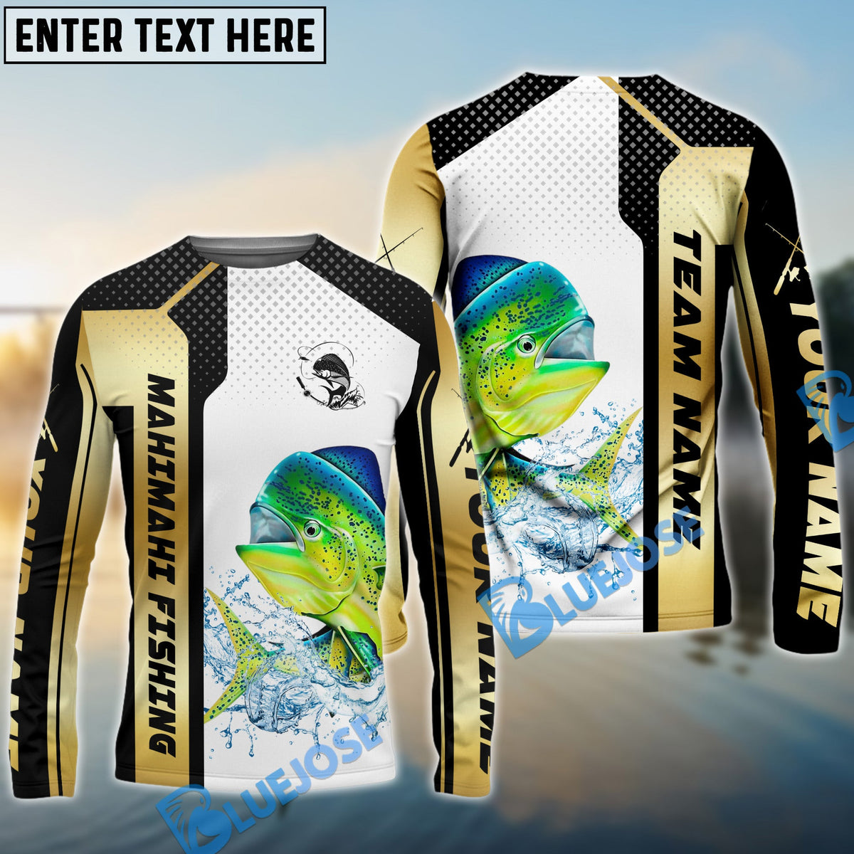 BlueJose Mahimahi Fishing Golden Premium Dynamic Strike Custom Name & Team Name 3D Shirts