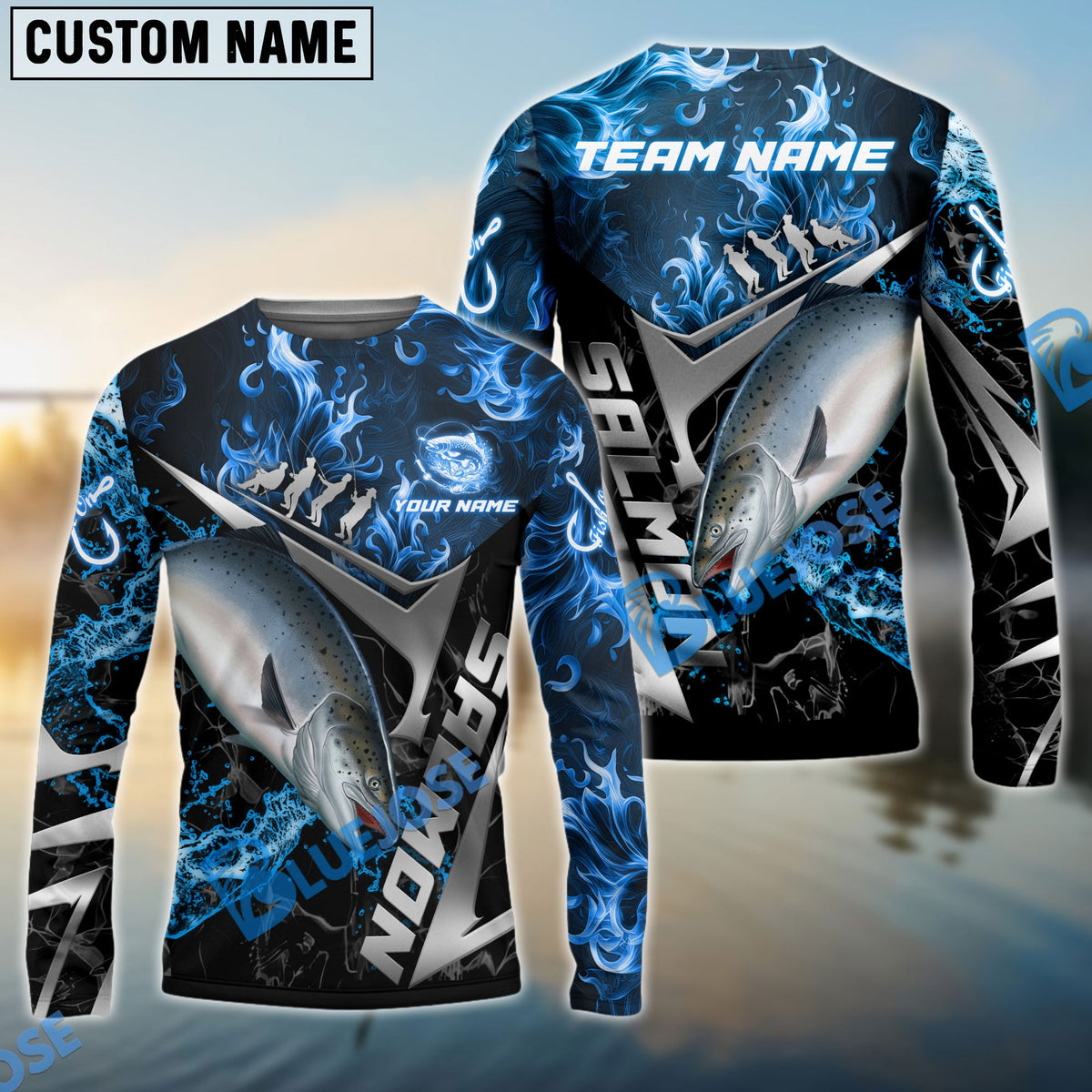 BlueJose Salmon Fishing Silver Line Blue Flame Custom Pattern Name & Team Name 3D Shirts