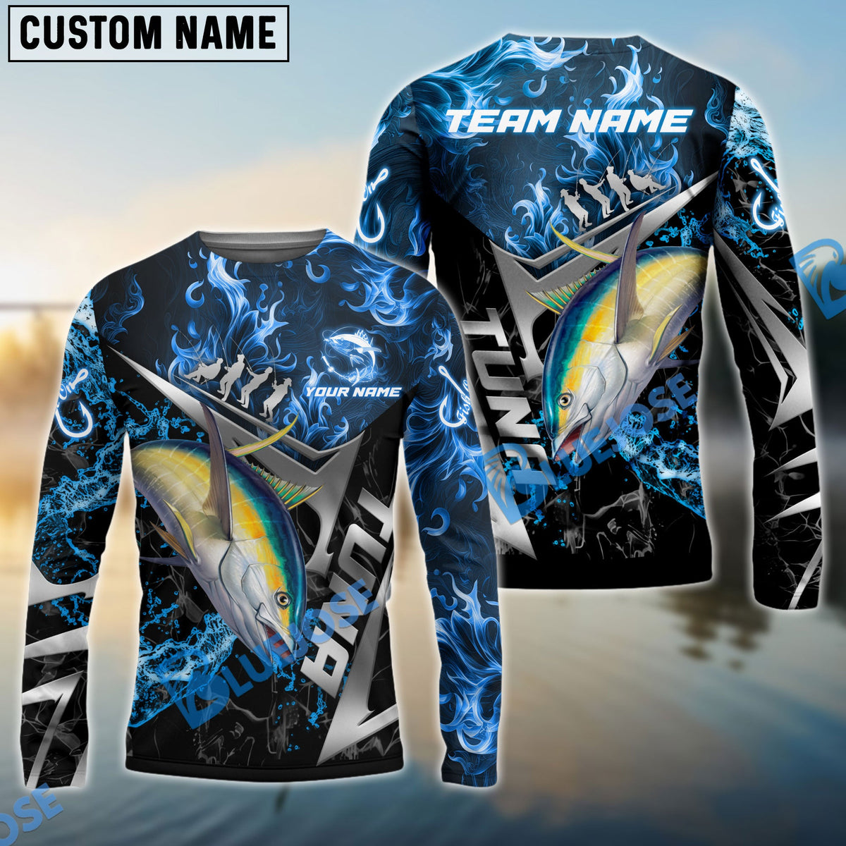 BlueJose Tuna Fishing Silver Line Blue Flame Custom Pattern Name & Team Name 3D Shirts