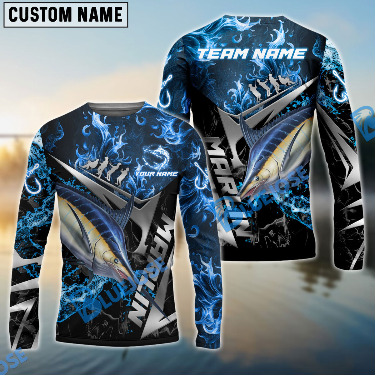 BlueJose Marlin Fishing Silver Line Blue Flame Pattern Name & Team Name 3D Shirts