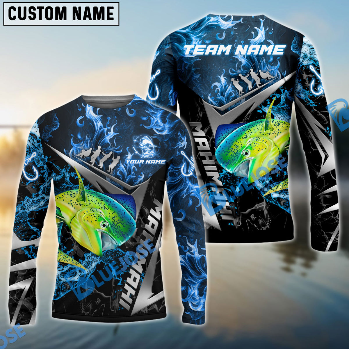 BlueJose Mahi-mahi Fishing Silver Line Blue Flame Pattern Name & Team Name 3D Shirts