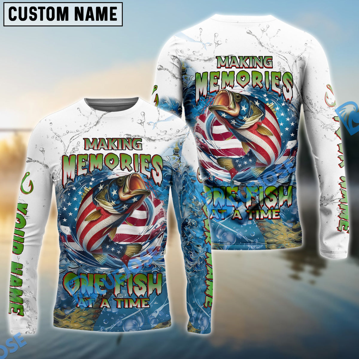 BlueJose Bass Fishing Patriotic Splash Making Memories One Fish At A Time‚ Custom Name & Team Name 3D Shirts