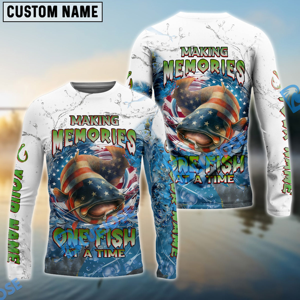 BlueJose Catfish Fishing Patriotic Splash Making Memories One Fish At A Time‚ Custom Name & Team Name 3D Shirts