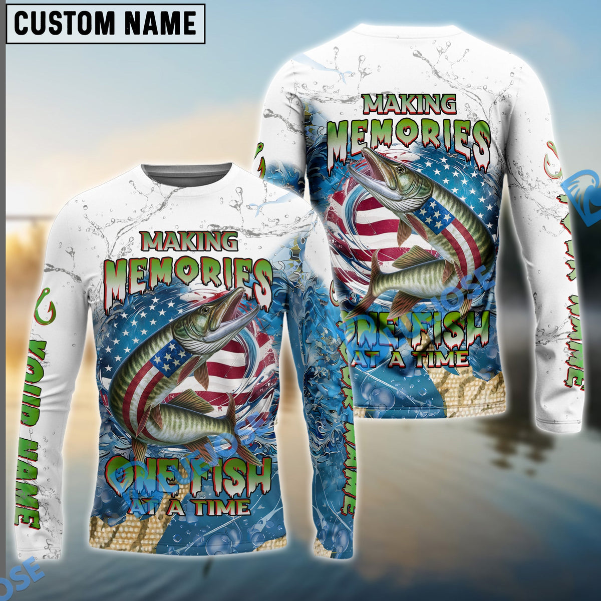 BlueJose Musky Fishing Patriotic Splash Making Memories One Fish At A Time‚ Custom Name & Team Name 3D Shirts