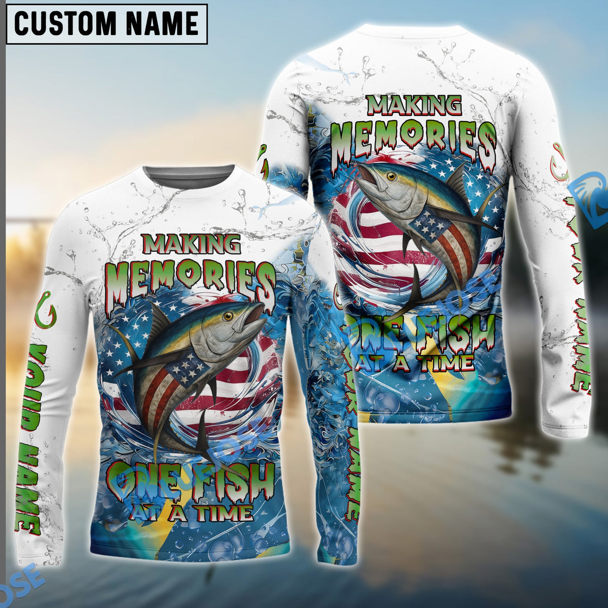 BlueJose Tuna Fishing Patriotic Splash Making Memories One Fish At A Time‚ Custom Name & Team Name 3D Shirts