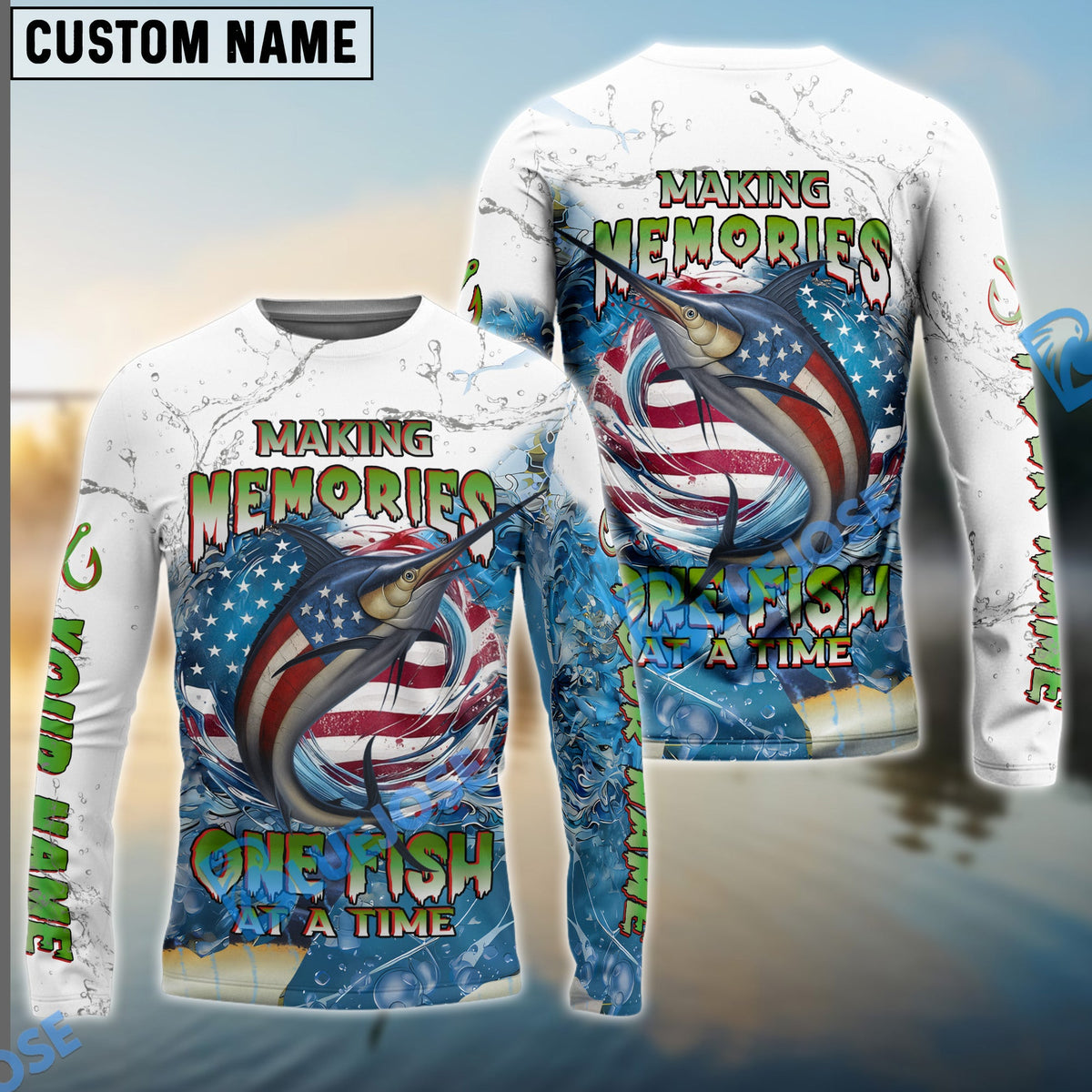 BlueJose Marlin Fishing Patriotic Splash Making Memories One Fish At A Time‚ Custom Name & Team Name 3D Shirts