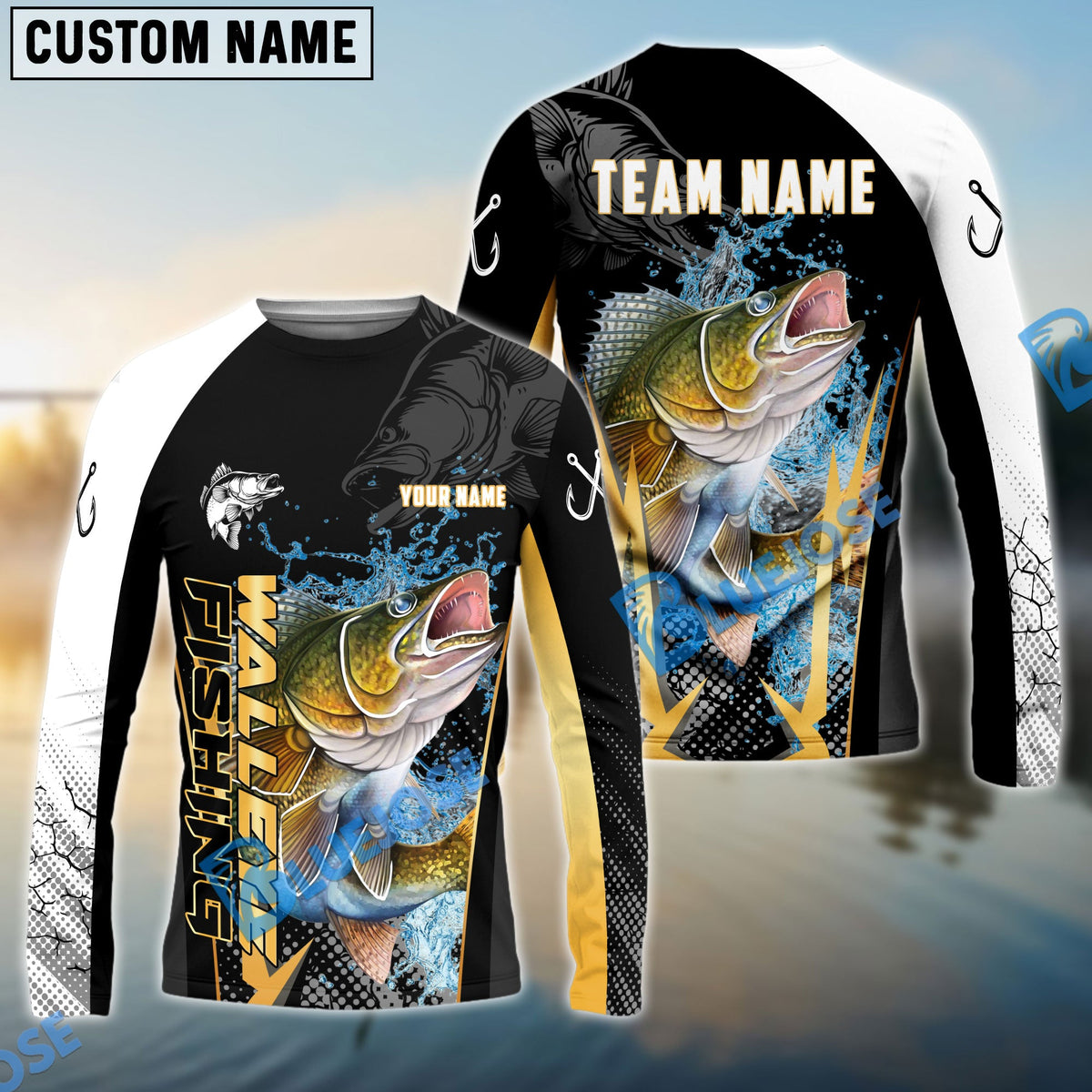 BlueJose Walleye Fishing Black Gold Design Pattern Custom Name & Team Name 3D Shirts