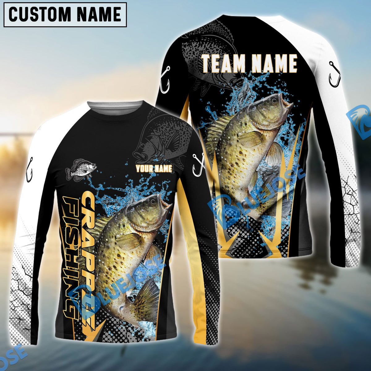 BlueJose Crappie Fishing Black Gold Design Pattern Custom Name & Team Name 3D Shirts