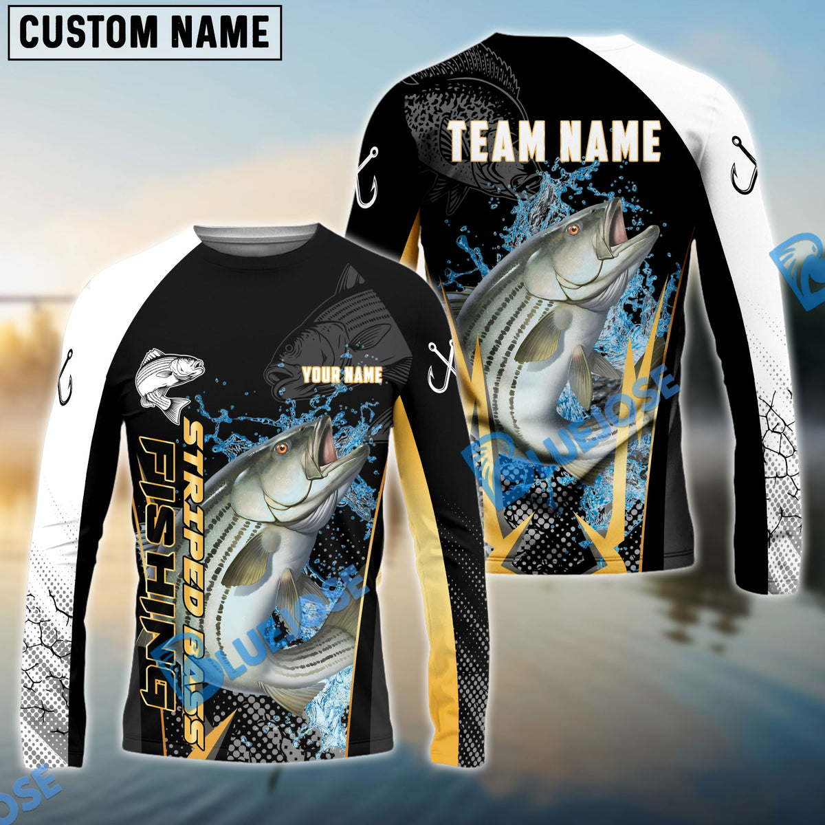BlueJose Striped Bass Fishing Black Gold Design Pattern Custom Name & Team Name 3D Shirts