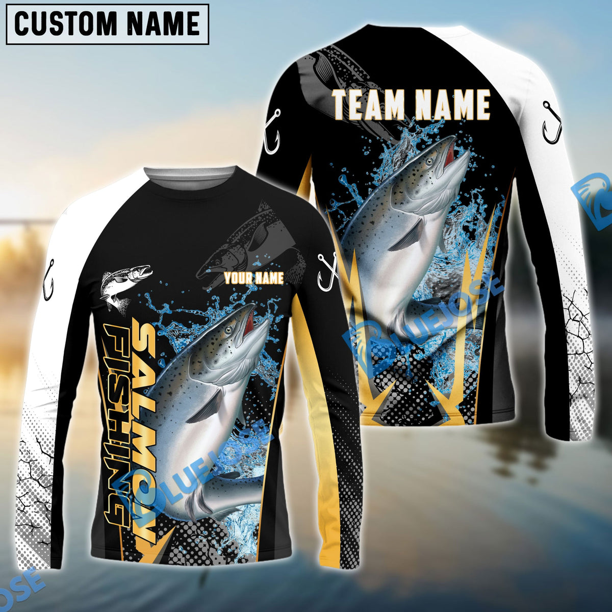 BlueJose Salmon Fishing Black Gold Design Pattern Custom Name & Team Name 3D Shirts