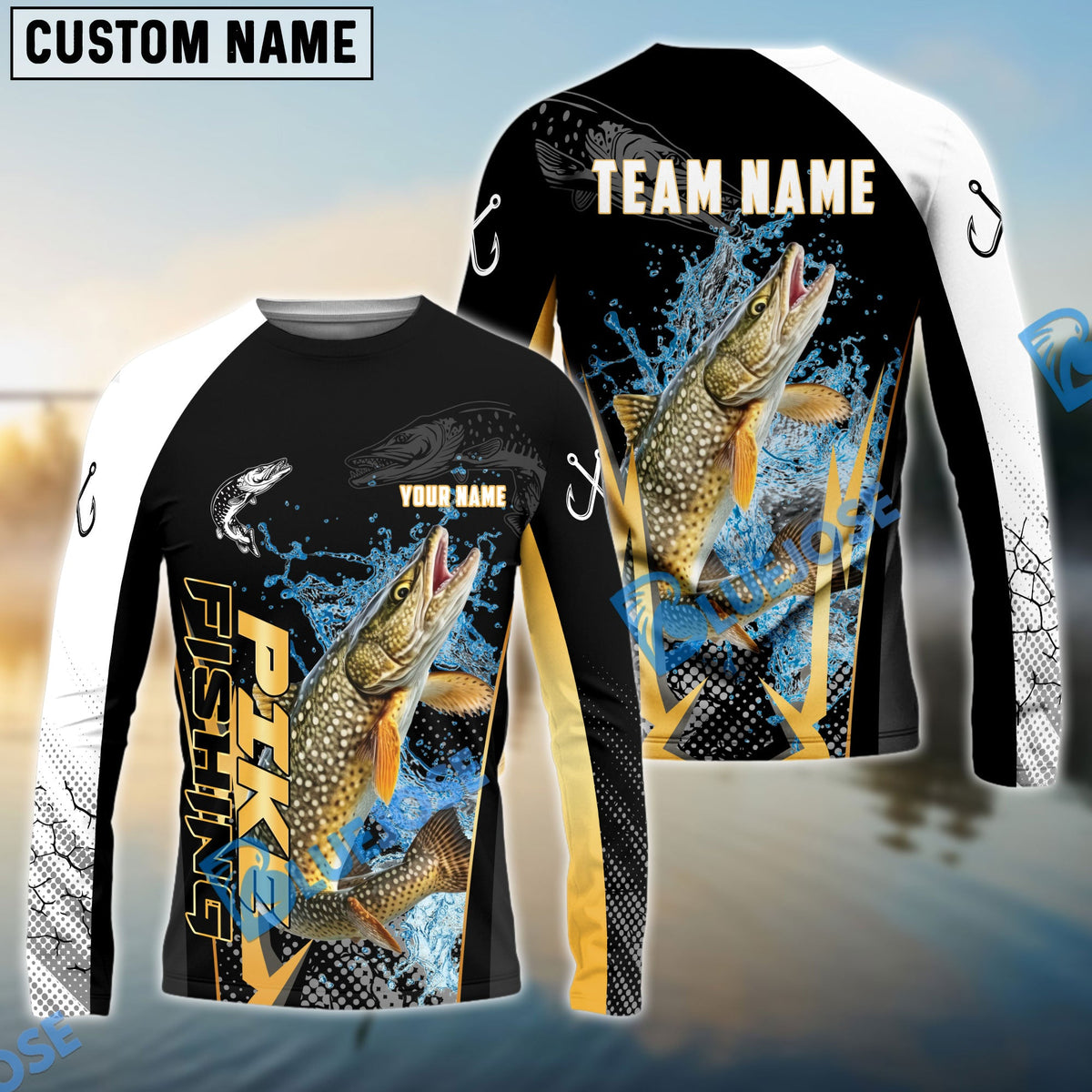 BlueJose Pike Fishing Black Gold Design Pattern Custom Name & Team Name 3D Shirts