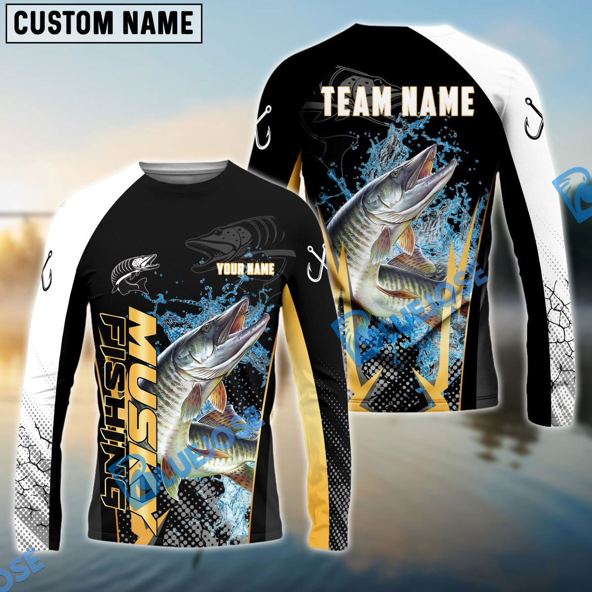 BlueJose Musky Fishing Black Gold Design Pattern Custom Name & Team Name 3D Shirts