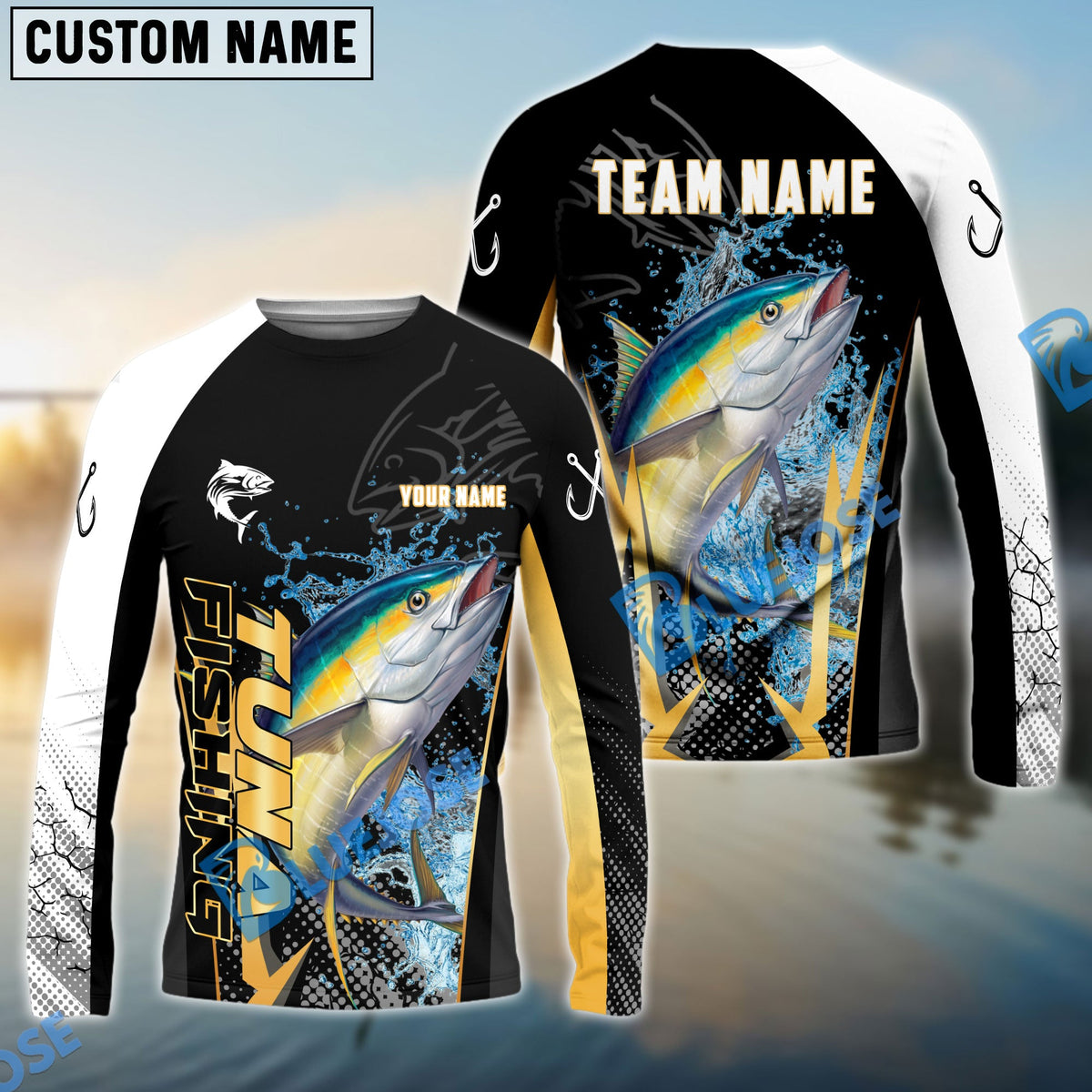 BlueJose Tuna Fishing Black Gold Design Pattern Custom Name & Team Name 3D Shirts