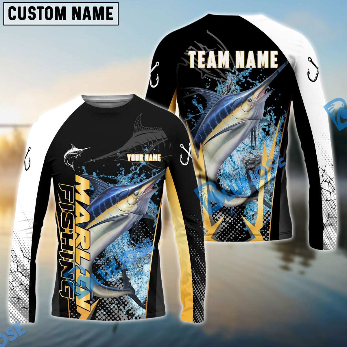 BlueJose Marlin Fishing Black Gold Design Pattern Custom Name & Team Name 3D Shirts