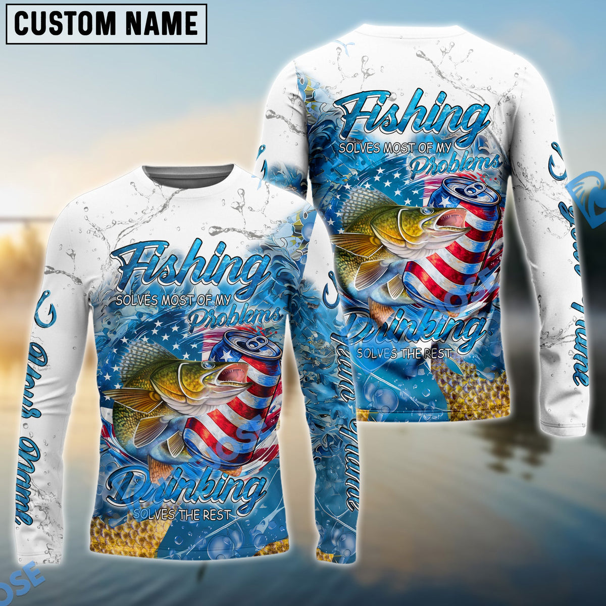 BlueJose Walleye Fishing Beer & Fishing Flag Quote Fishing solves most of my problems, drinking solves the rest‚ Dynamic Strike Pattern Custom Name & Team Name 3D Shirts