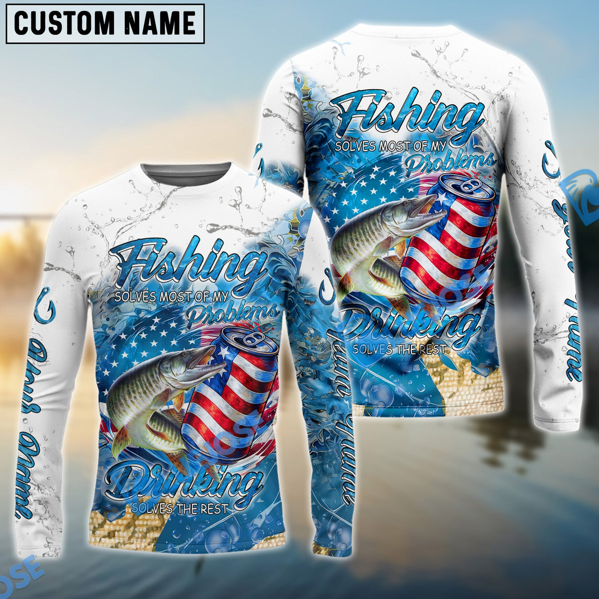 BlueJose Musky Fishing Beer & Fishing Flag Quote Fishing solves most of my problems, drinking solves the rest‚ Dynamic Strike Pattern Custom Name & Team Name 3D Shirts