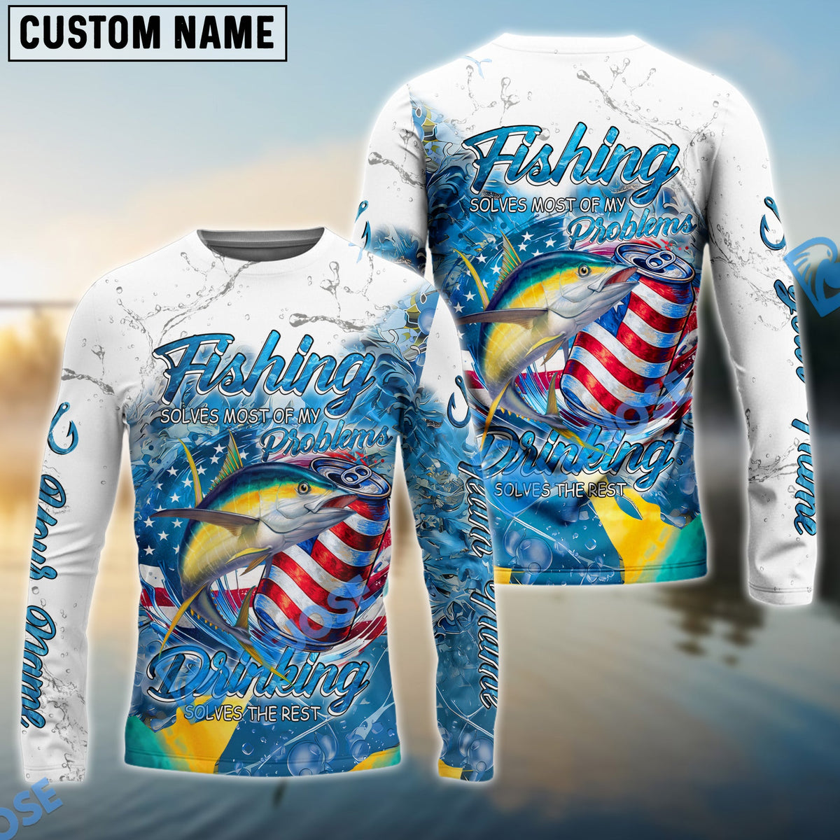 BlueJose Tuna Fishing Beer & Fishing Flag Quote Fishing solves most of my problems, drinking solves the rest‚ Dynamic Strike Pattern Custom Name & Team Name 3D Shirts