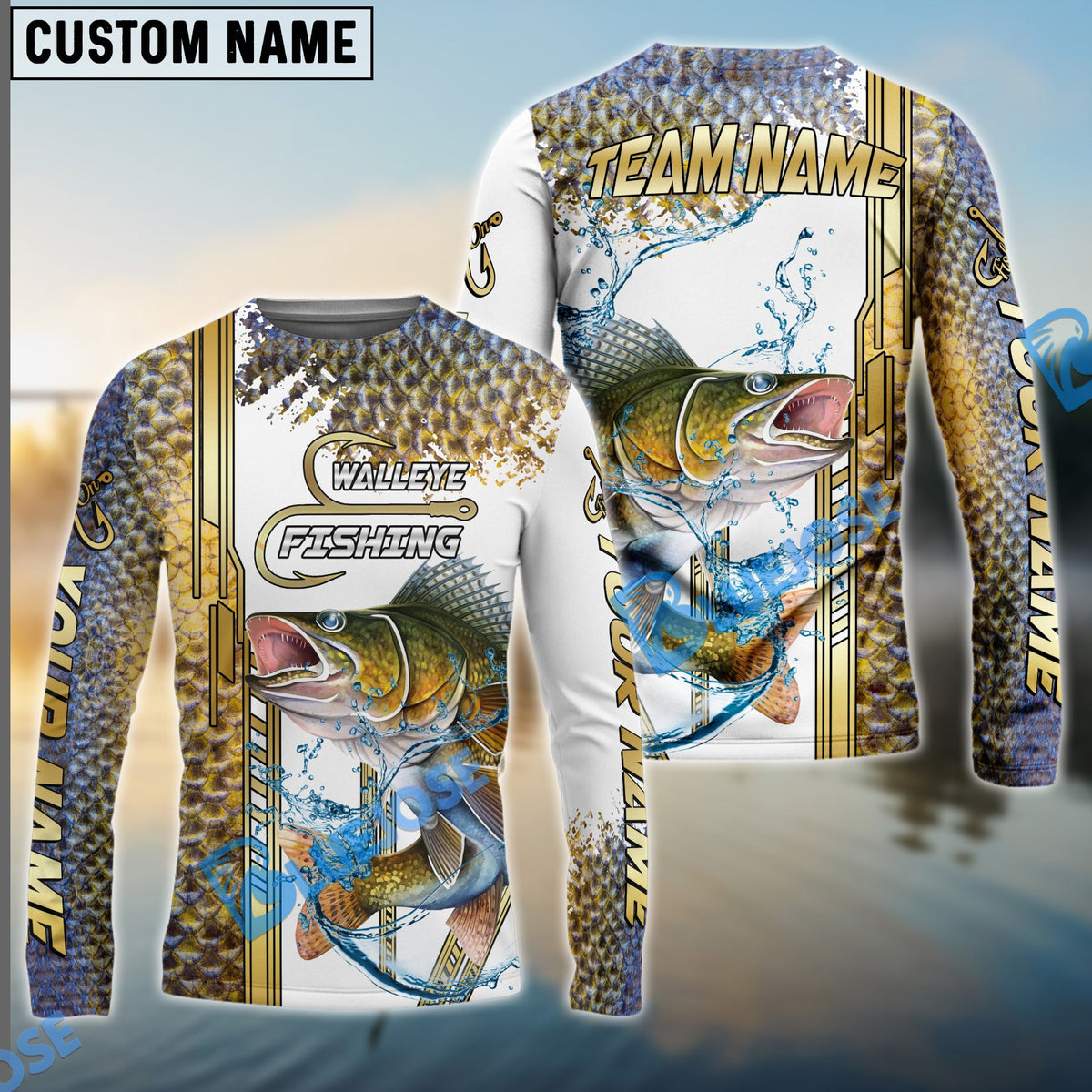 BlueJose Walleye Fishing Skinfish Golden Line Pattern Custom Name & Team Name 3D Shirts