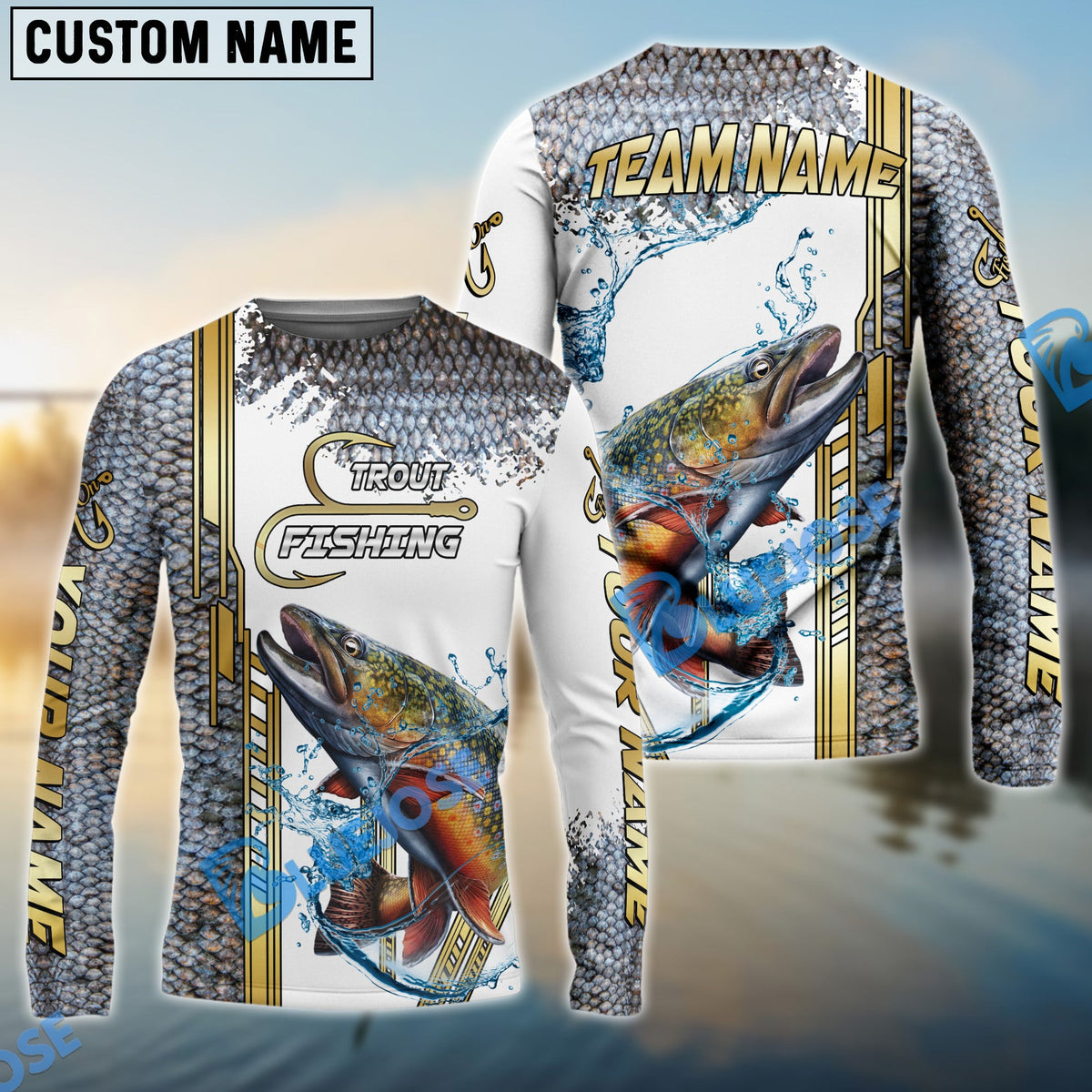 BlueJose Trout Fishing Skinfish Golden Line Pattern Custom Name & Team Name 3D Shirts