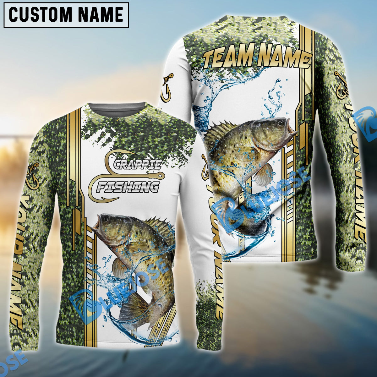 BlueJose Crappie Fishing Skinfish Golden Line Pattern Custom Name & Team Name 3D Shirts